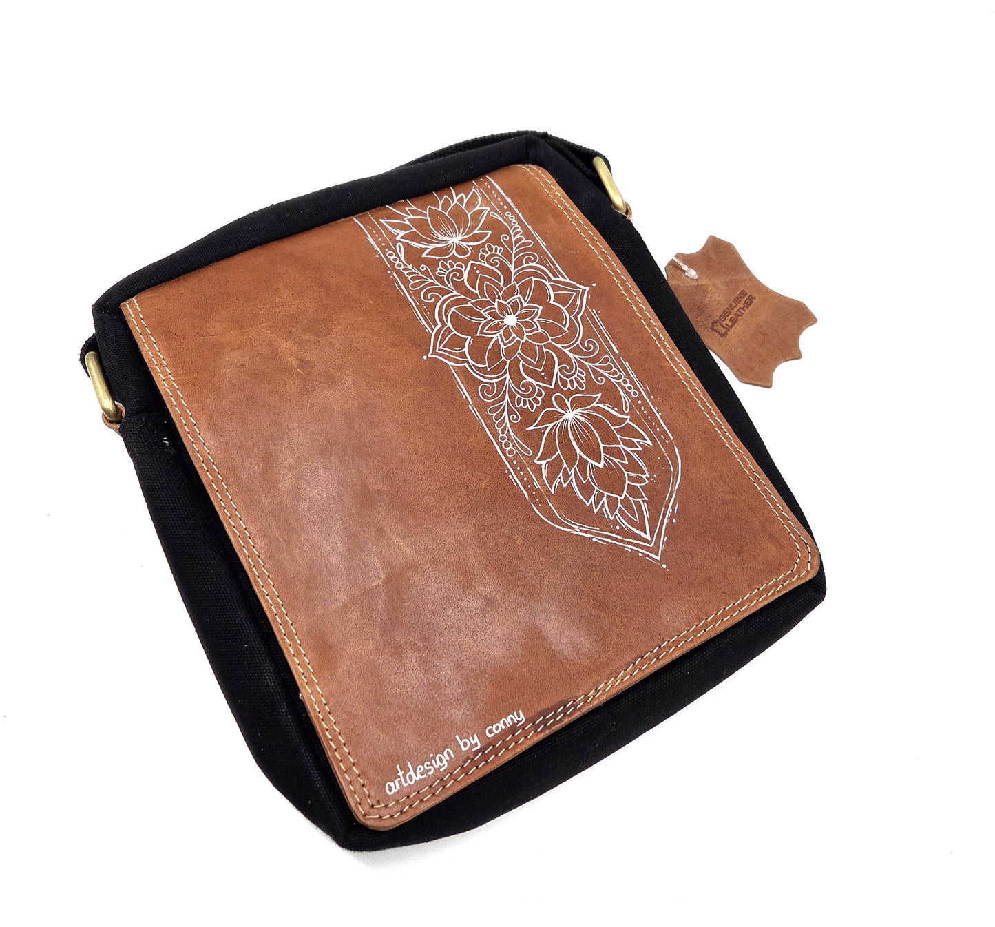 Überschlag Tasche - Canvas mit Büffel Hunter Leder "Mandala"
