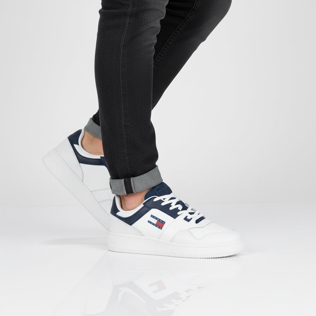 Tommy Hilfiger Jeans Retro Basket ESS Essential - Herren Sneakers Schuhe Leder Weiß EM0EM01395-DW4